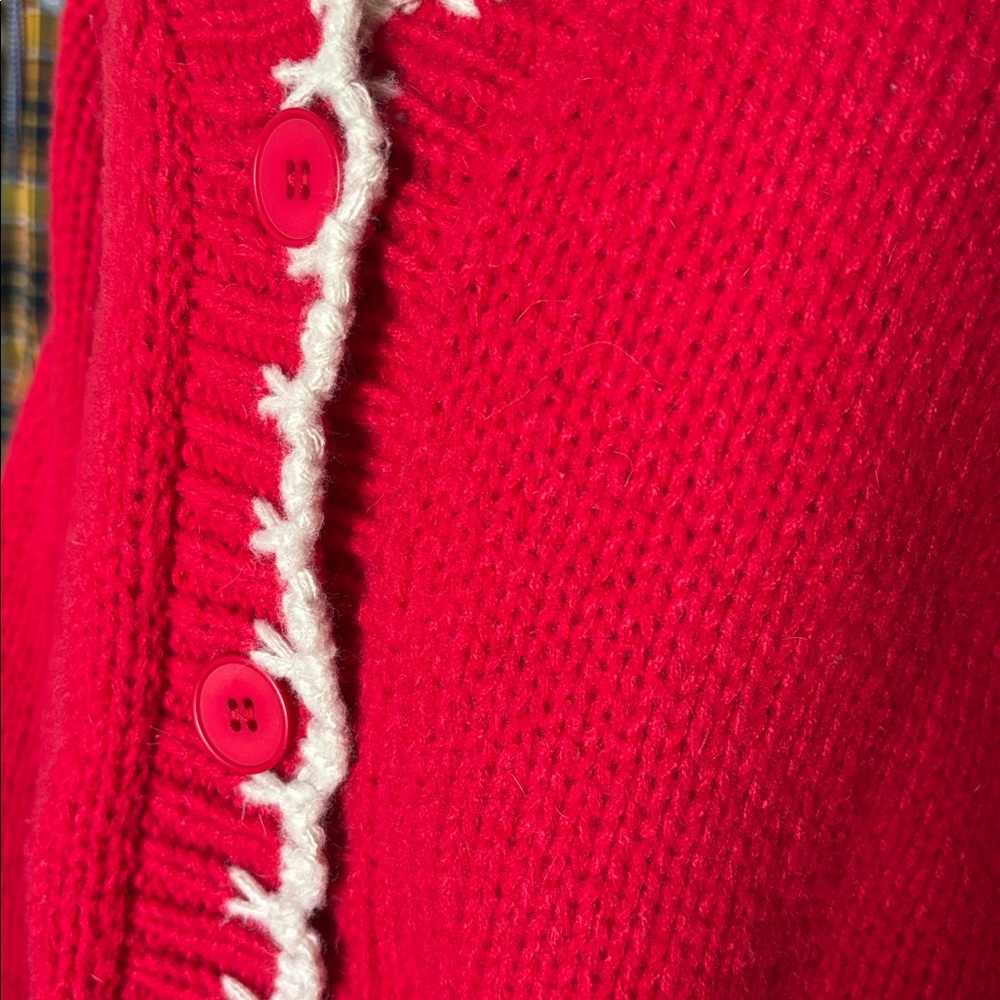 XS Cherry Red chunky knit Cardigan with White Accents - Picture 3 of 3